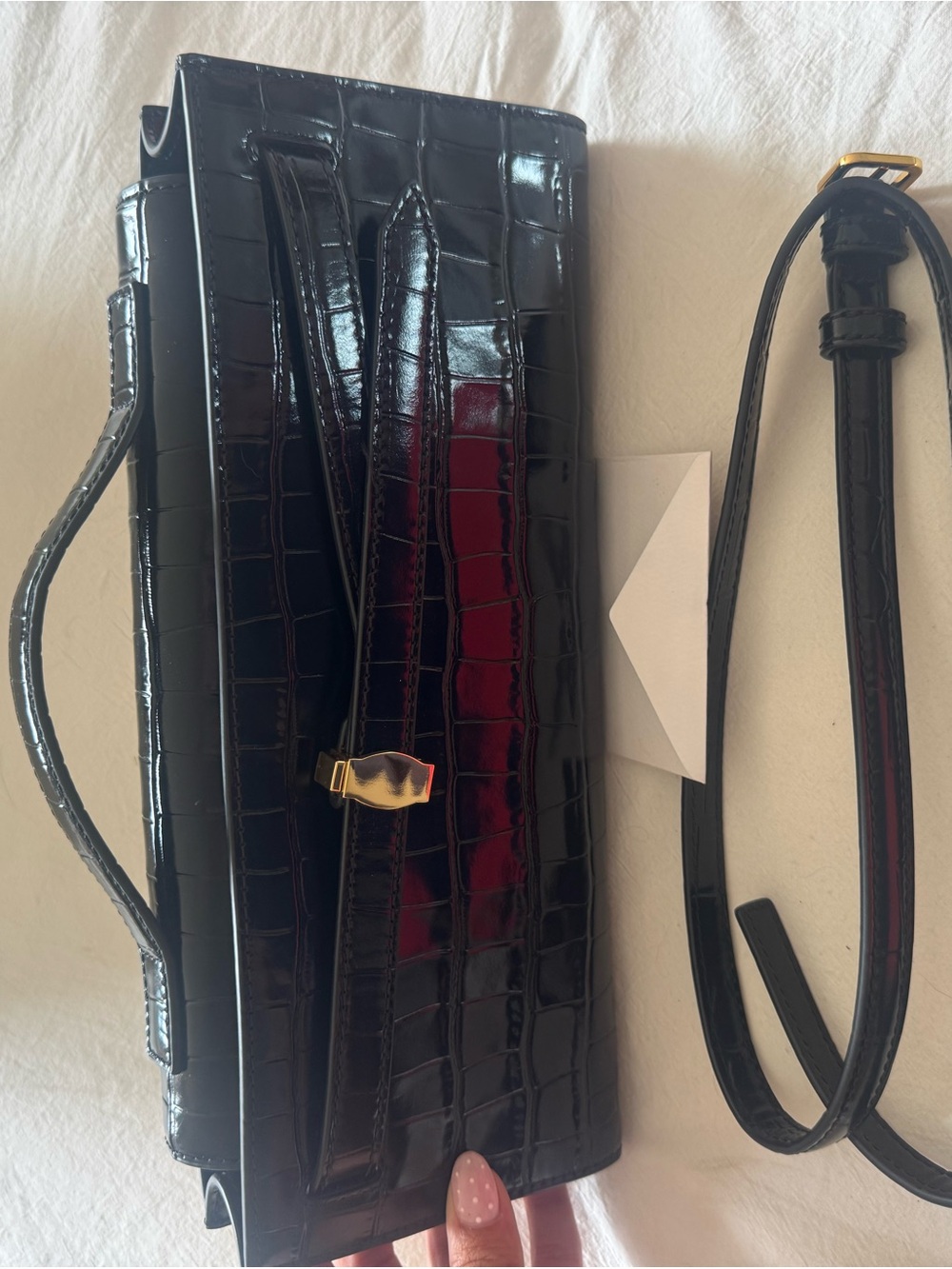 Veronica M Black Croc-Embossed Patent Leather Clutch with Gold Hardware